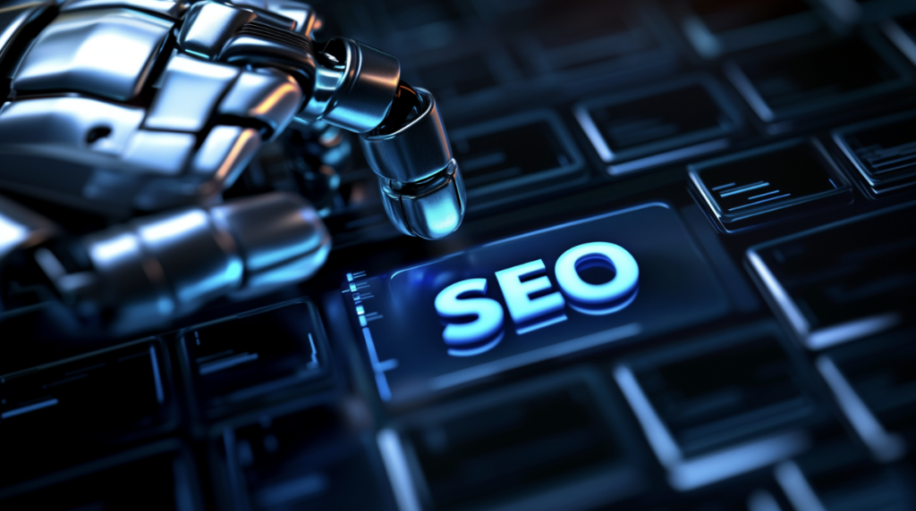 "A robot clicks a button with the word "SEO" נוצר ב-Midjourney